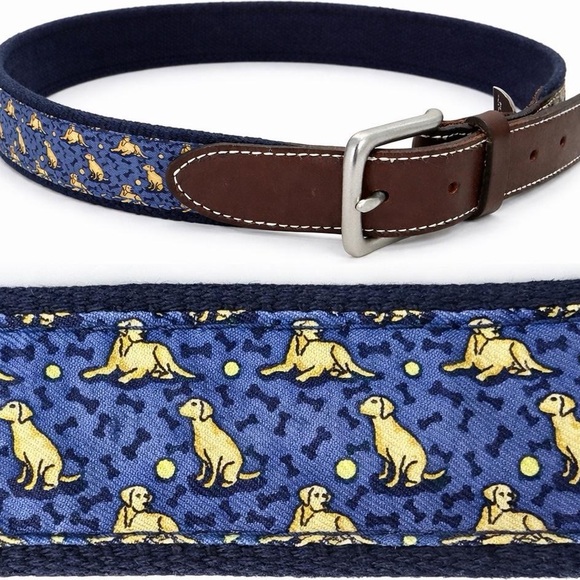 Vineyard Vines Other - Vineyard Vines Canvas Leather Belt Sz 30 Retriever Yellow Lab Dog Print Preppy
